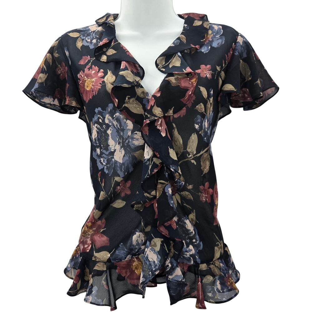 Chaps Womens Y2K Whimigoth Dark Romantic Boho Sheer Chiffon Ruffle Floral Top S